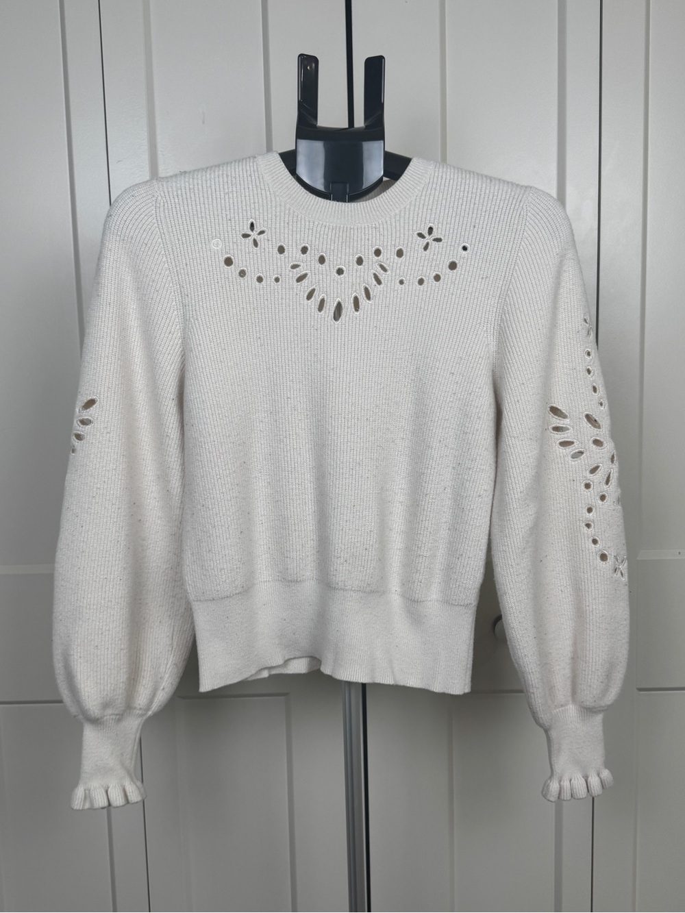 Calligraphie Cream Eyelet Puff-Sleeve Sweater